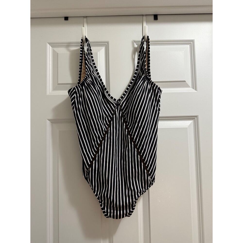 Kona Sol Women's Black & White Striped One Piece Swimsuit MEDIUM